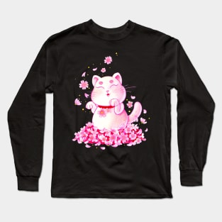 Maneki-neko with sakura blossoms Long Sleeve T-Shirt